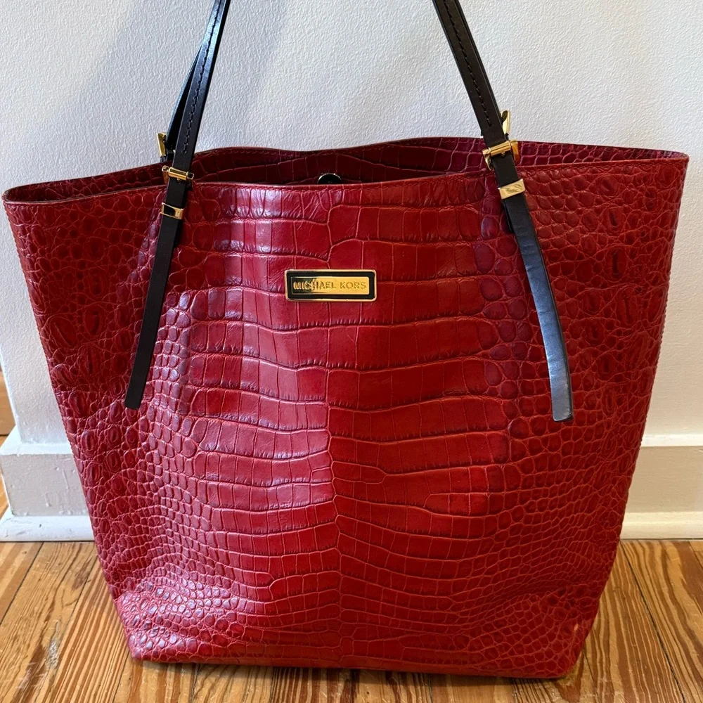 Michael Kors Runway Collection Gia Slouchy Red Crocodile-Patterned Tote